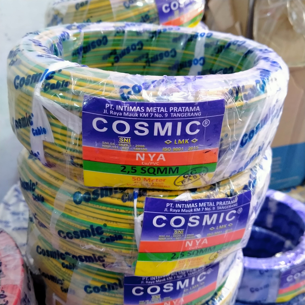 Kabel Listrik NYA 1x2.5 COSMIC 50 Meter Kuning SNI LMK Tembaga Kawat 1 Roll Tunggal Untuk Instalasi 