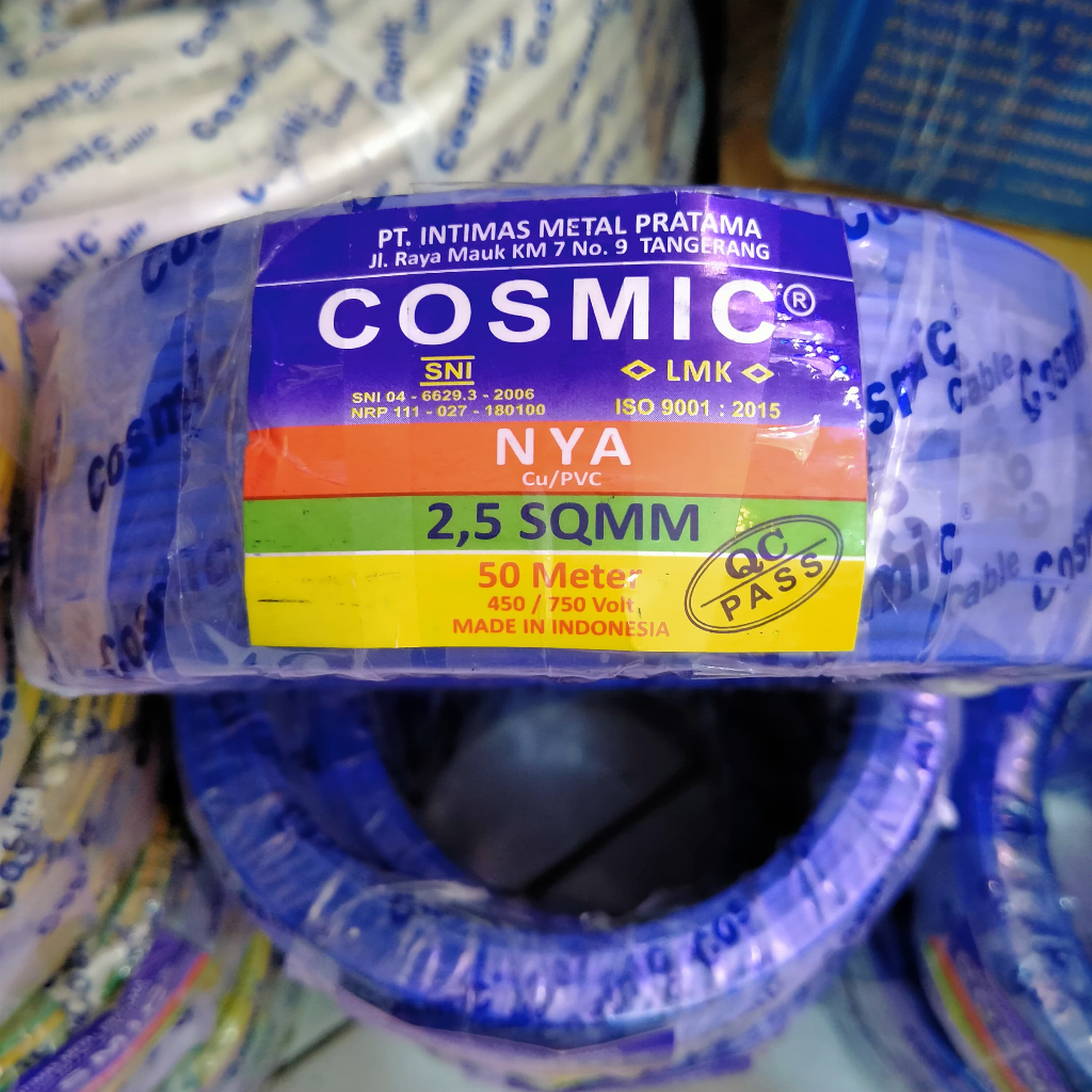 Kabel Listrik NYA 1x2.5 COSMIC 50 Meter Biru SNI LMK Tembaga Kawat 1 Roll Tunggal Untuk Instalasi Ru