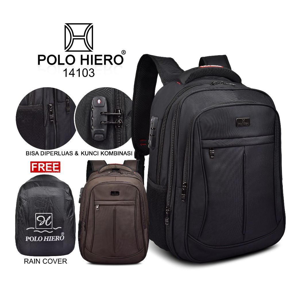 Tas Laptop Ransel Sekolah Backpack Polo Hiero 14103 Tas Pria Gembok Free Rain Cover