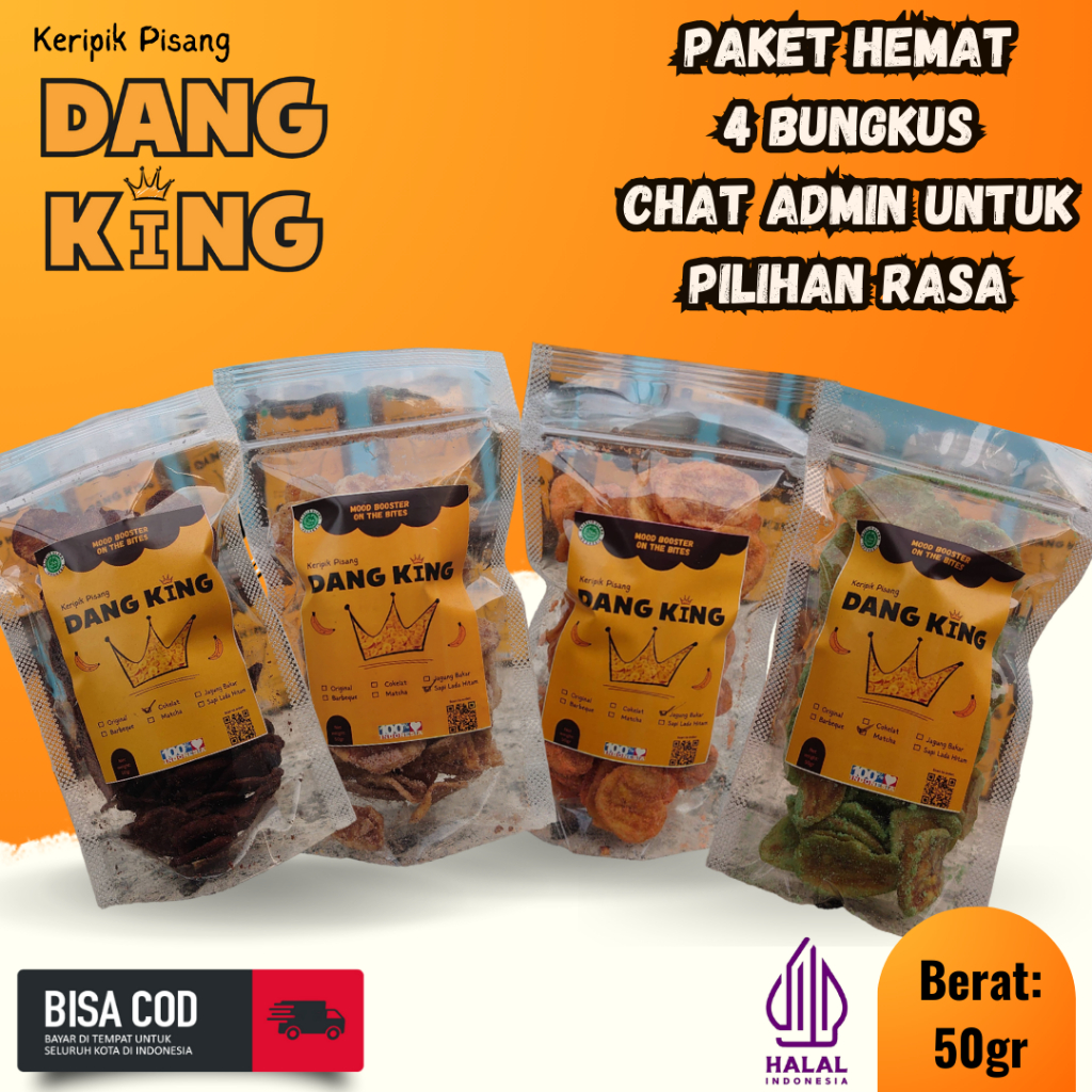 

PAKET HEMAT 4 bungkus DANG KING kemasan 50gr - Keripik Pisang Premium Bumbu Tebal, Renyah, dan Halal