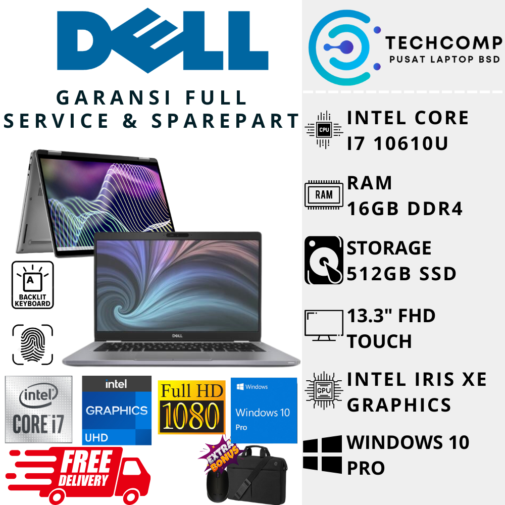 PROMO LAPTOP BARU TOUCHSCREEN DELL LATITUDE 13 5310 CORE I7 10610U RAM 16GB 512GB SSD FHD BACKLIT WI