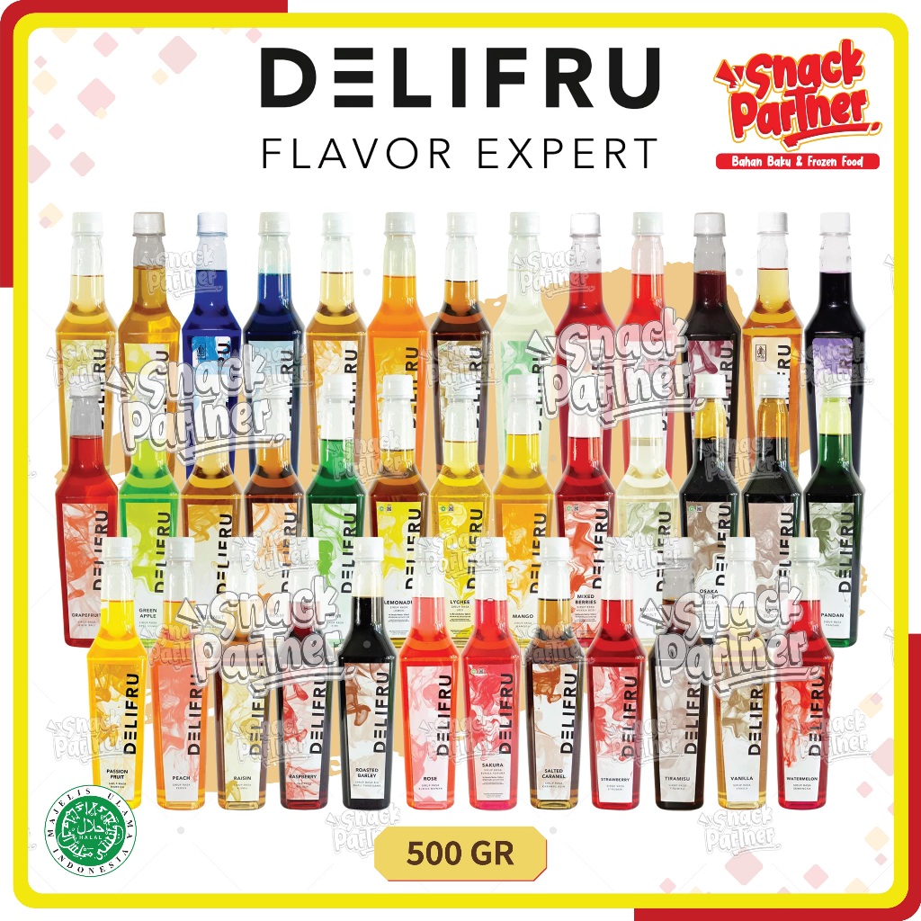 

DELIFRU 500 ML - Syrup / Sirup Hazelnut Lychee Caramel Vanila Cotton Candy Mango Mojito Mint Irish Cream