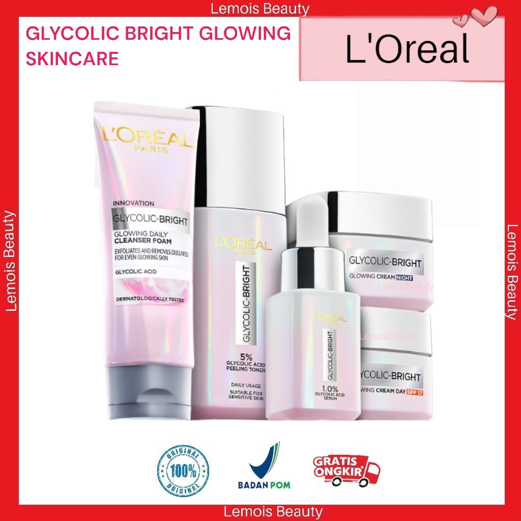 LB- L'Oreal Paris Glycolic Bright Glowing Skincare Set Mencerahkan - Facial Foam 50 ml, Toner 65ml, 