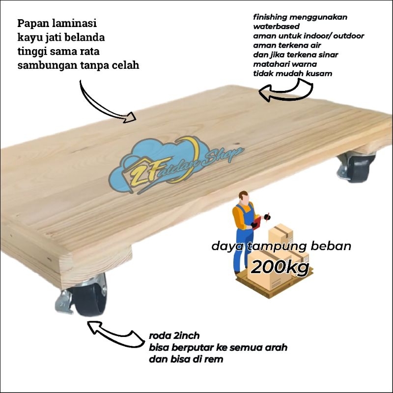 Papan Troly Kayu Jati Belanda / Alas Papan Kayu Dengan Roda 2inch / Alas Lemari Kayu Dengan Roda