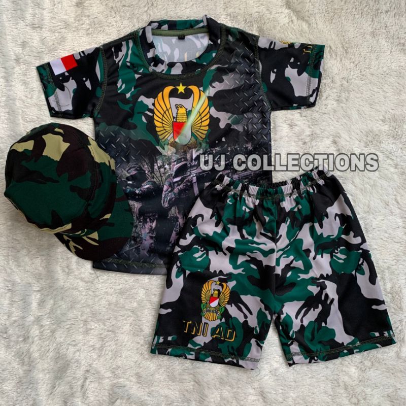 SETELAN JERSEY ANAK PENDEK PLUS TOPI KOMANDO LORENG TNI AD - BAJU JERSEY ANAK SATU SET LORENG ARMY K