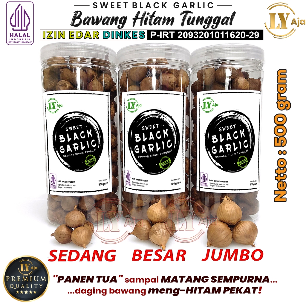 

Bawang Hitam Tunggal Lanang 500 Gram LY Aja Jumbo Besar Sedang Kecil Lokal Super Premium Sweet Black Garlic Gr