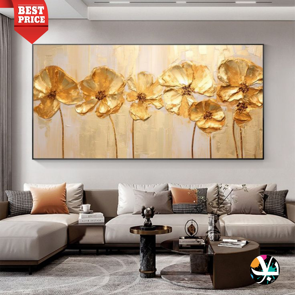 LUKISAN BUNGA EMAS - LUKISAN BUNGA GOLD - LUKISAN TANGAN PLUS BINGKAI