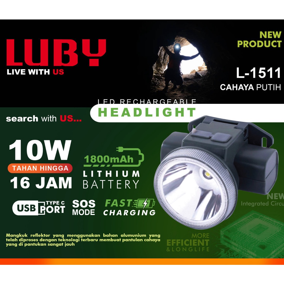 KODE Q12A Head Lamp Luby L1511 1 Watt Baterai Cas Senter Kepala L1511 Headlamp Nyala Lampu Putih Len
