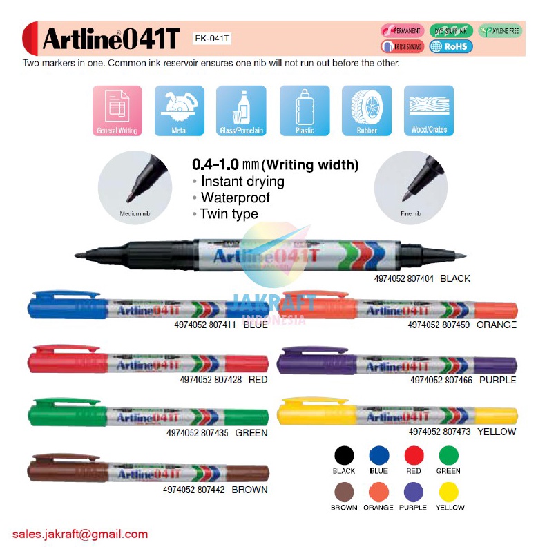 

PAKET HEMAT 1 Pcs Spidol Permanen Kecil ARTLINE 2 in 1 Permanent Marker EK41T Anti Air 4 1 mm Segala Permukaan Tidak bisa Dihapus