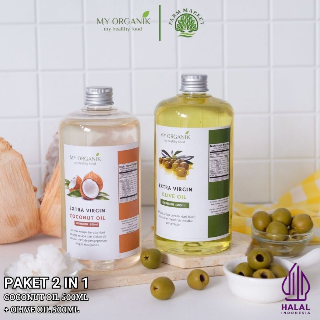 

My Organik paket 2 in 1 Extra Virgin Olive Oil 500ml Coconut Oil VCO 500ml Oil Minyak Kelapa Murni