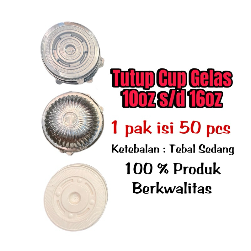 Tutup Gelas Plastik Datar / Tutup Gelas Plastik cembung / Isi 50pcs 10oz 12oz 14oz 16oz Bening Tebal