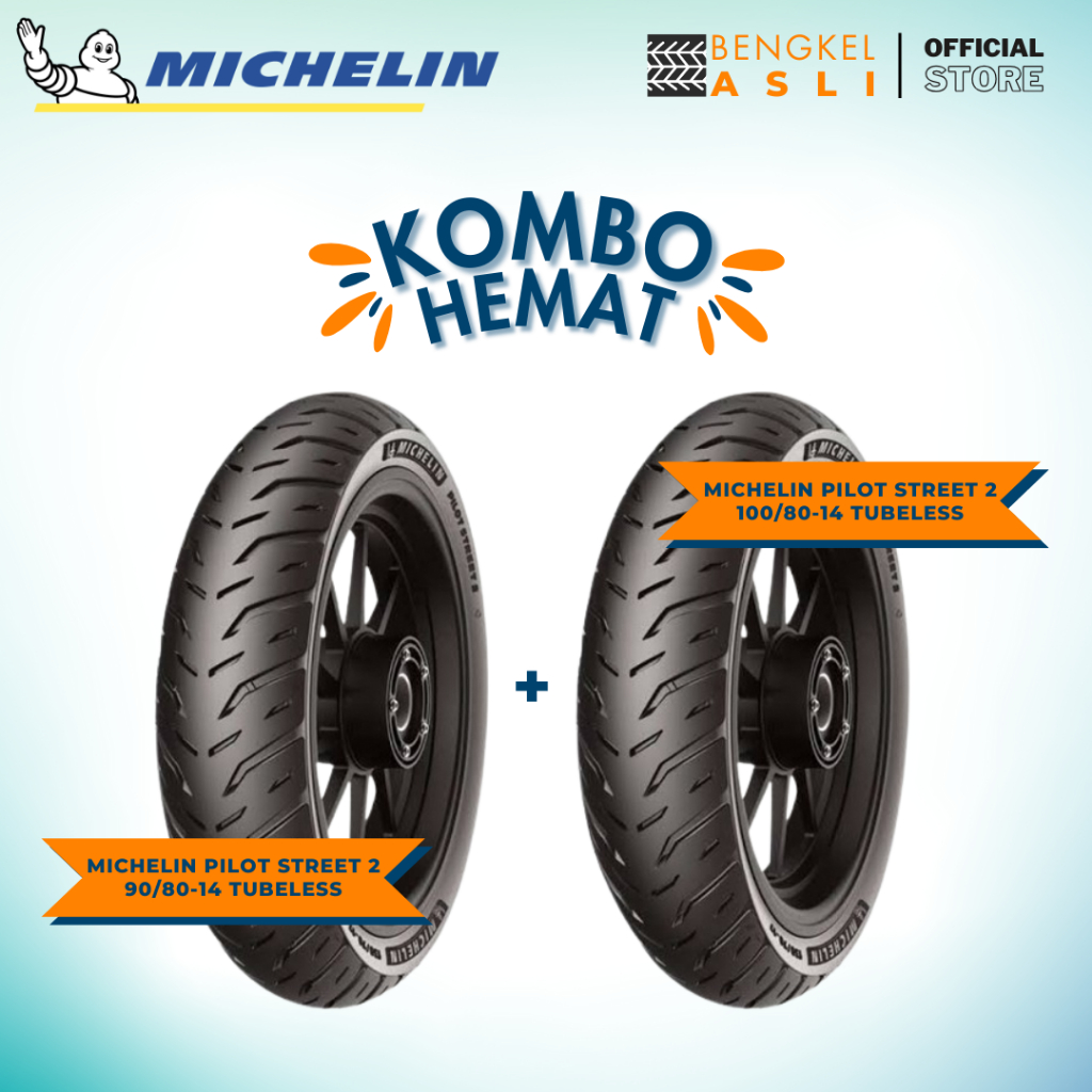 (KOMBO HEMAT 2 BAN TUBELESS) Ban Motor MICHELIN PILOT STREET 2 Ring 14 90/80-14 + Ban Motor MICHELIN