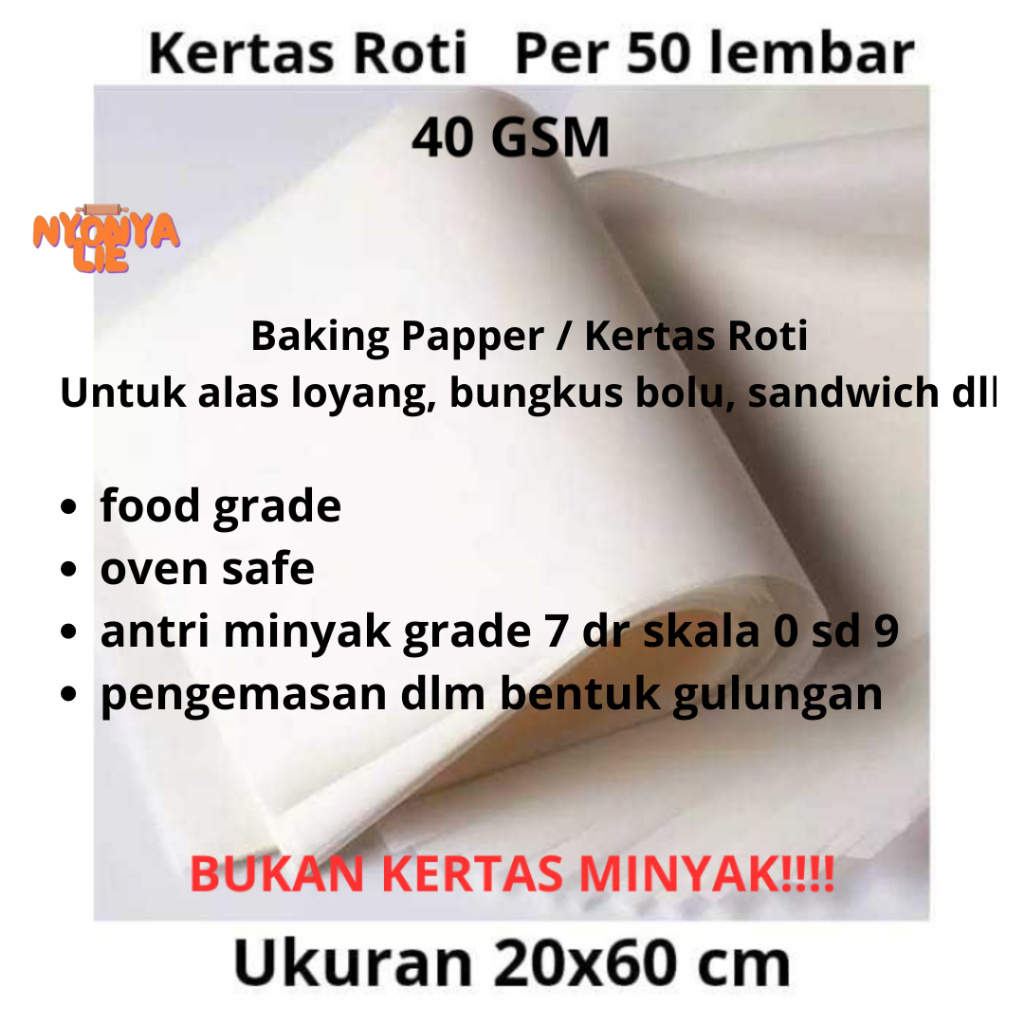 

20x60 cm 50 Lbr Kertas Roti Putih Wrapping Paper Bungkus Kado Kue Nyonya Lie