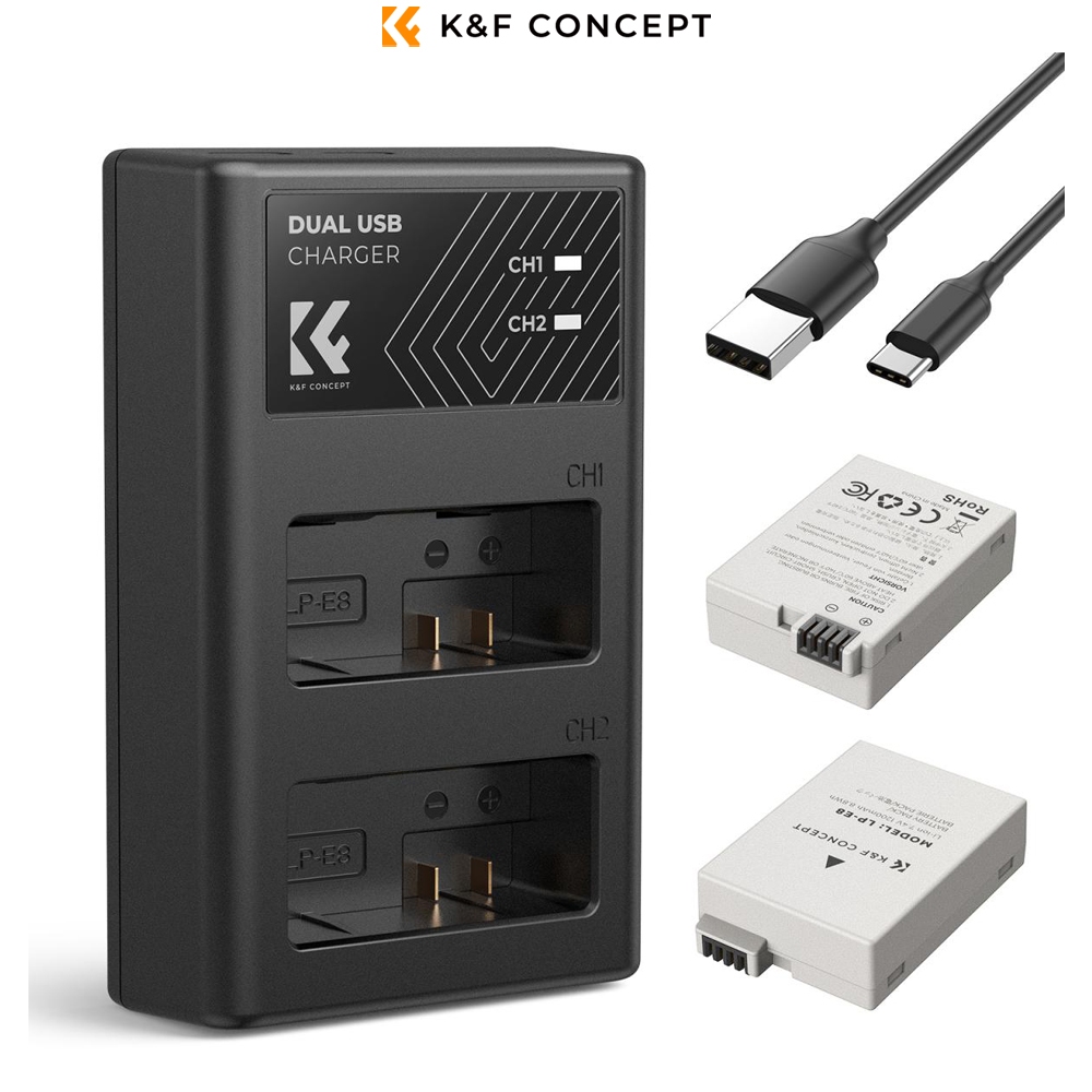 K&F Concept Baterai Canon LP-E8 Battery 2Pcs Set with Dual Slot Charger for EOS 700D 650D 550D