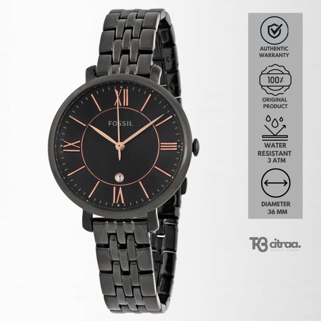 jam tangan fashion wanita fossil leadis Jacqueline analog strap rantai hitam black stainless steel w