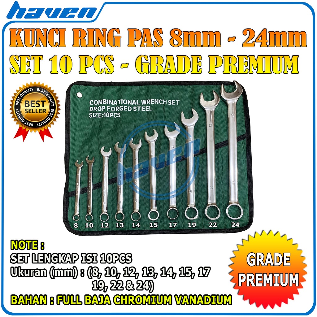Kunci Ring Pas Set Pas 8-24mm Set 10 PCS Kunci Ring Pas Set Tools Set Kunci Ring Pas 8-24mm Alat