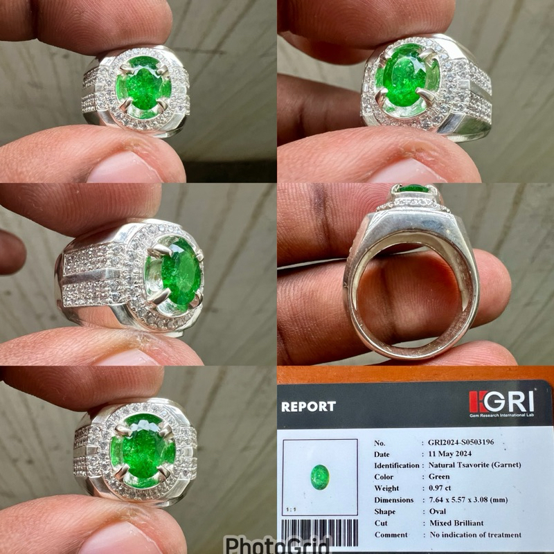 Cincin Batu Tsavorite Garnet Ring Perak Natural Tsavorite Garnet Batu Green Garnet MEMO GRI Ukuran k