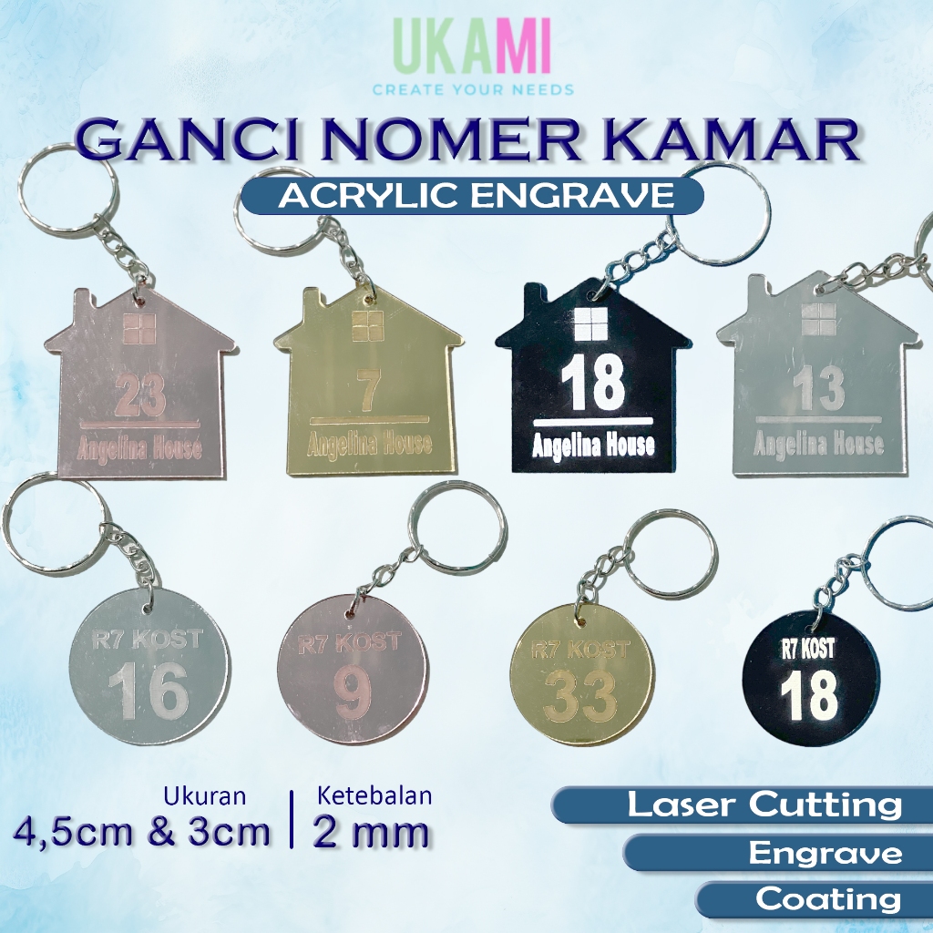Gantungan Kunci Grafir Akrilik - Ganci Nomer Kamar Acrylic Keychain Nomor Rumah Mirror