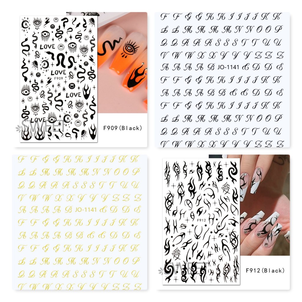 Stiker Nail Art Sticker 2D 3D Huruf Karakter Letter Flame Tribal Rose Snake