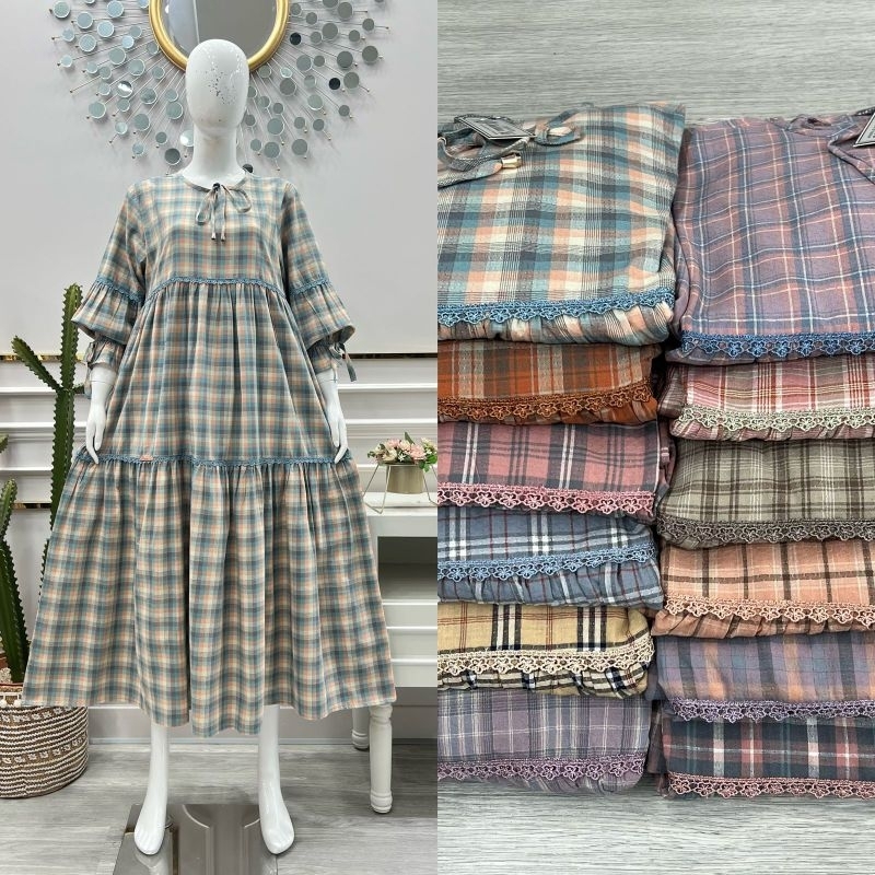 Midi dress salvina ys katun kotak renda  premium terbaru