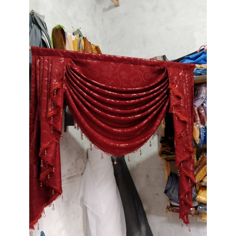Gorden Poni Pisah Hordeng Poni gelombang poni ajah panjang 1 meter tirai Rumbai Minimalis merah