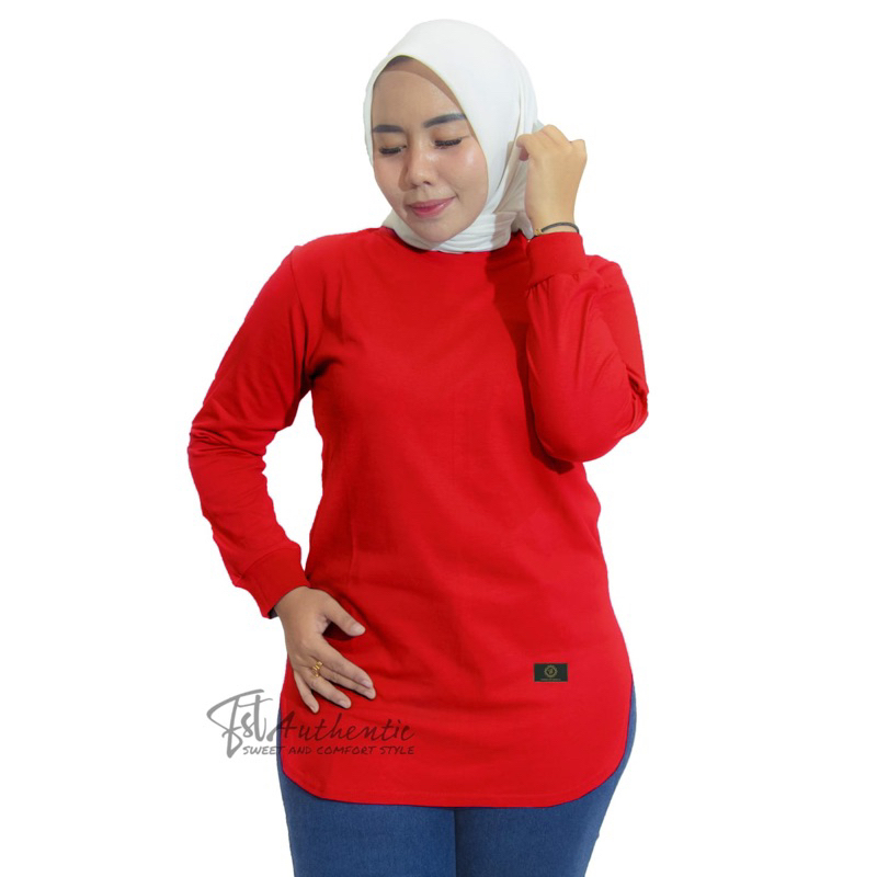 FST Baju Atasan Wanita Kaos Wanita Warna Merah Lengan panjang - Kaos Wanita Lengan Panjang Warna Mer