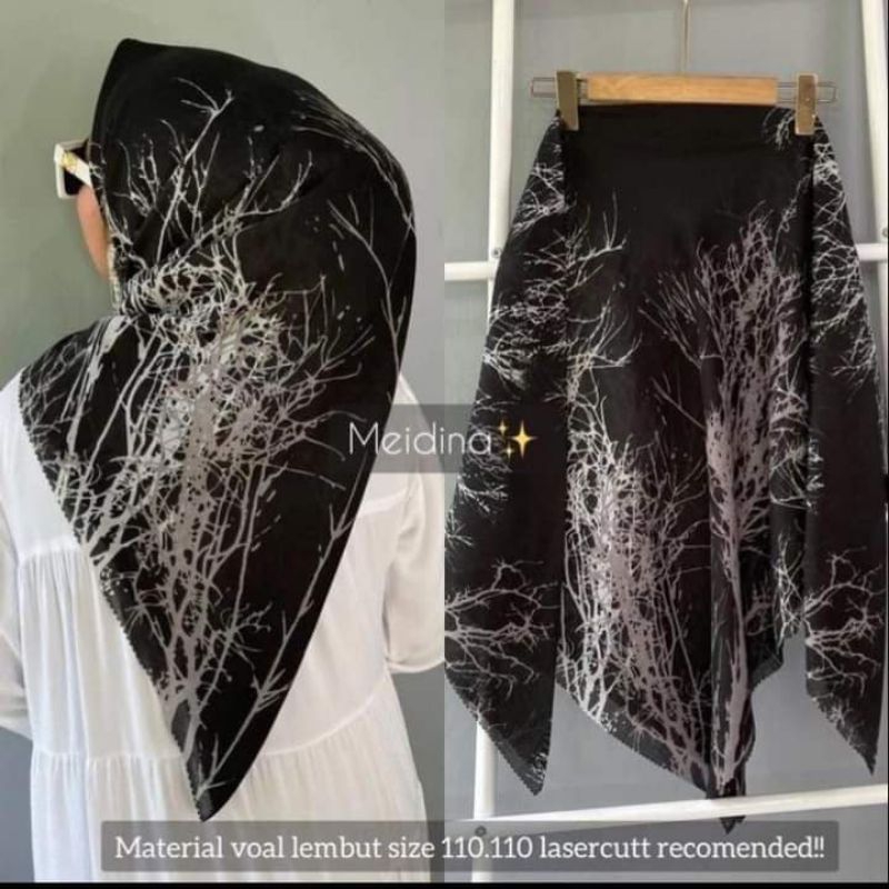 HIJAB Segi Empat Motif Akar Hitam Mewah Kekinian Printing Laser Cut