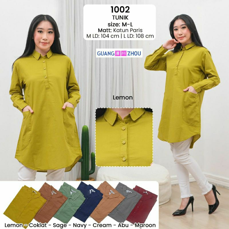 TUNIK KERAH KEMEJA / TUNIK POLOS FASHION / SAKU DEPAN KIRI KANAN / M-L / MATT. KATUN PARIS / BRAND G