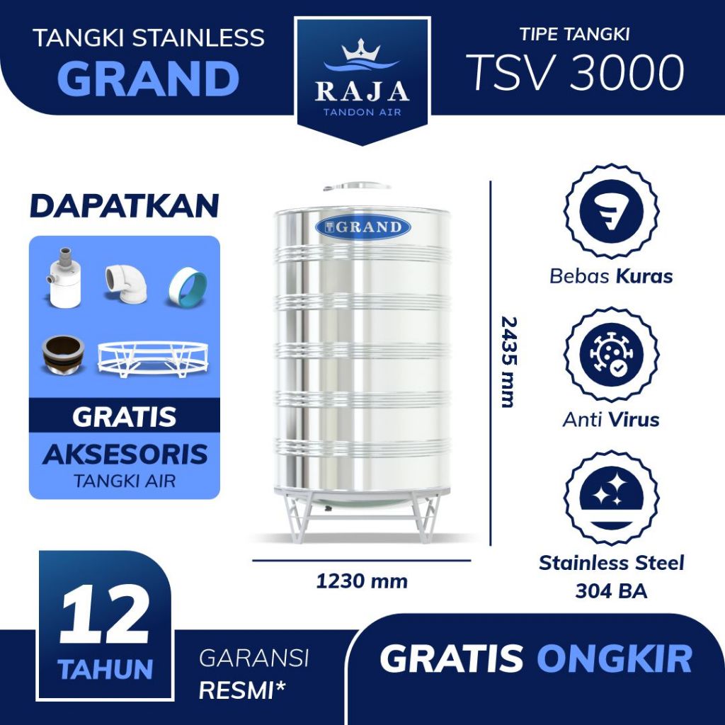 Tangki Tandon Toren Air Stainless Steel Grand TSV 3000 Garansi 12 Tahun Free