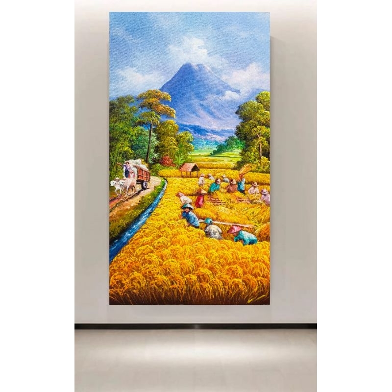 lukisan pemandangan sawah panen padi lukisan kanvas dinding ruang tamu besar