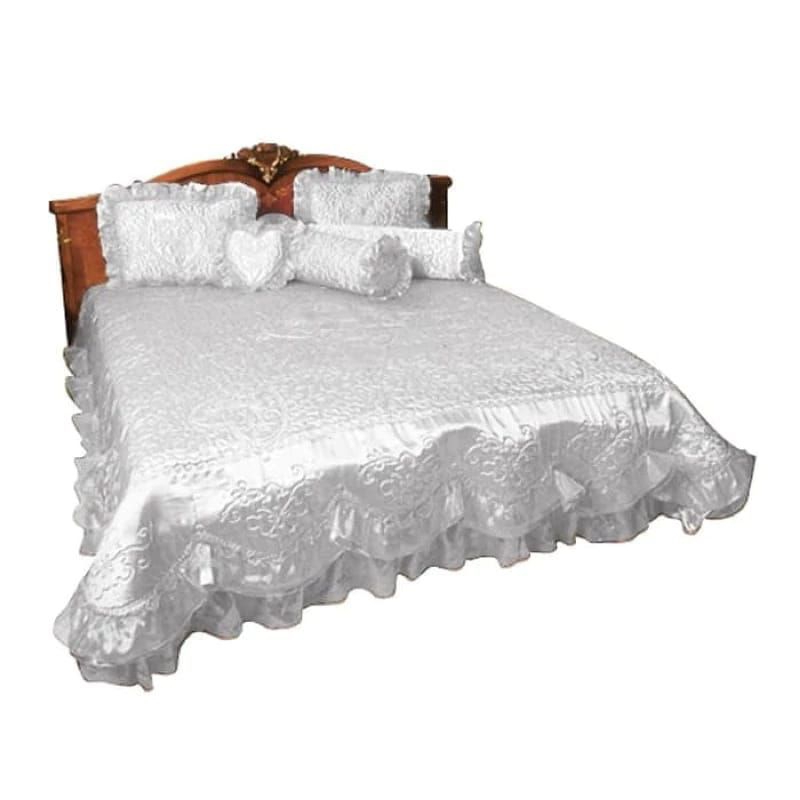 bedcover pengantin rumbai dua susun / sprei satin pengantin / sprei satin merk Rosana / bedcover unt