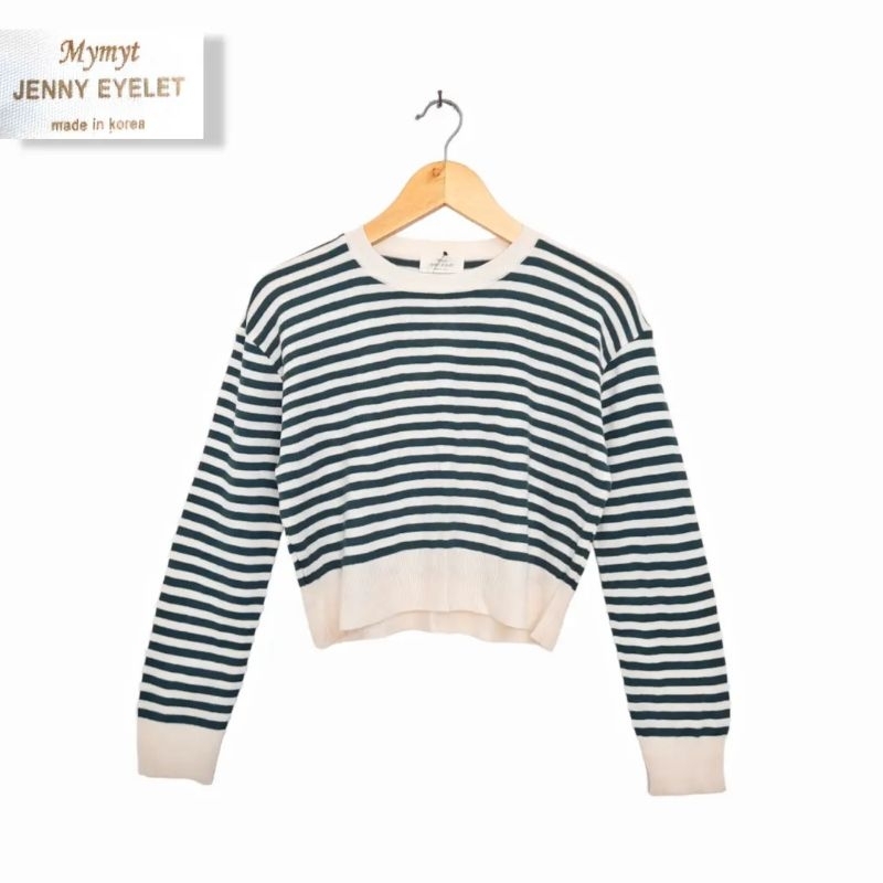 Sweater Crop Salur Premium Broken White & Hijau Botol (KODE : B26 - 12)