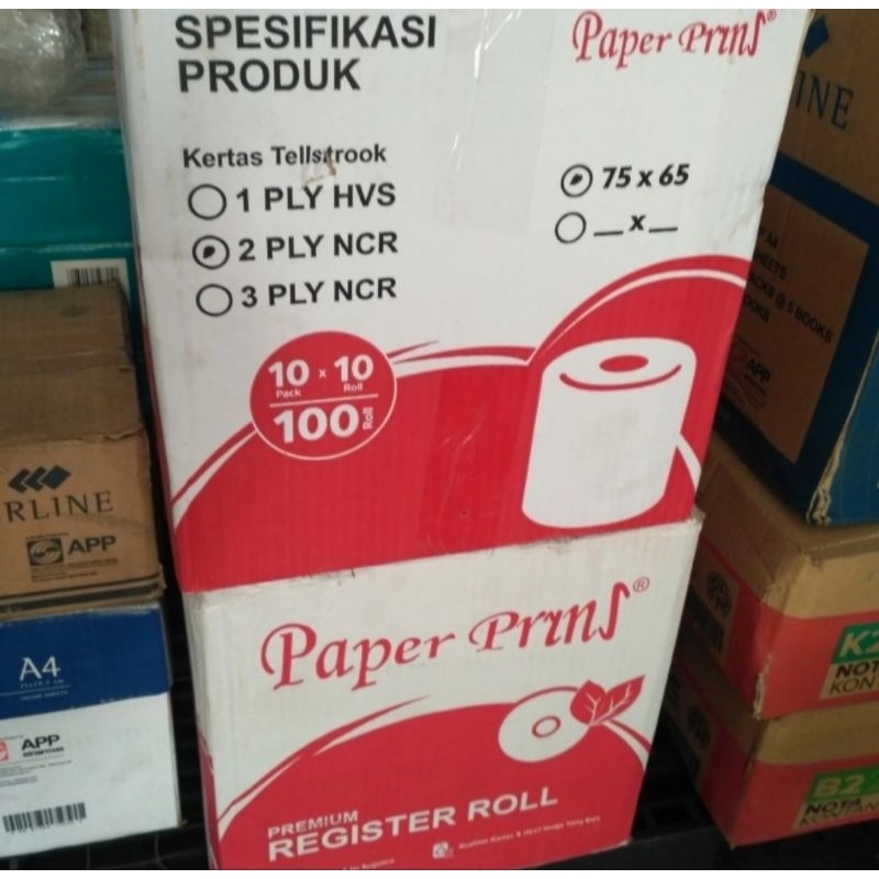 

Paperpryns Register Roll 75x65 2ply / Kertas Kasir 2ply - Dus isi 100 Roll.