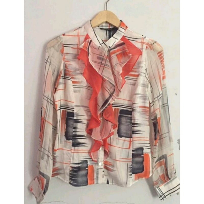 ZARA BLOUSE RUFFLE SATIN ABSTRACT KEMEJA KOREA ORIGINAL