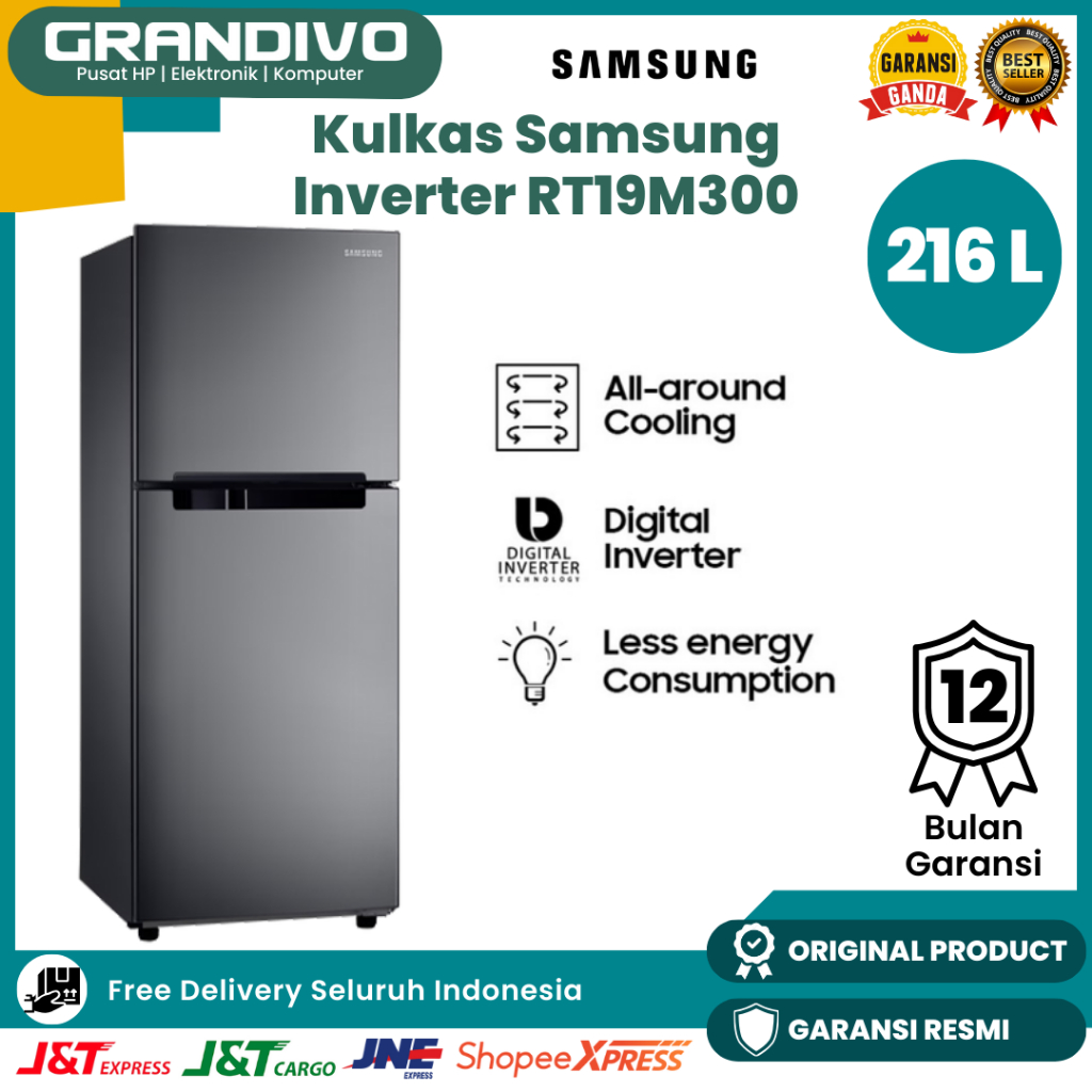 Kulkas 2 Pintu Samsung Inverter 216 Liter RT19M300 Hemat Energi Tanpa Bunga Es Refrigerant R-600a - 