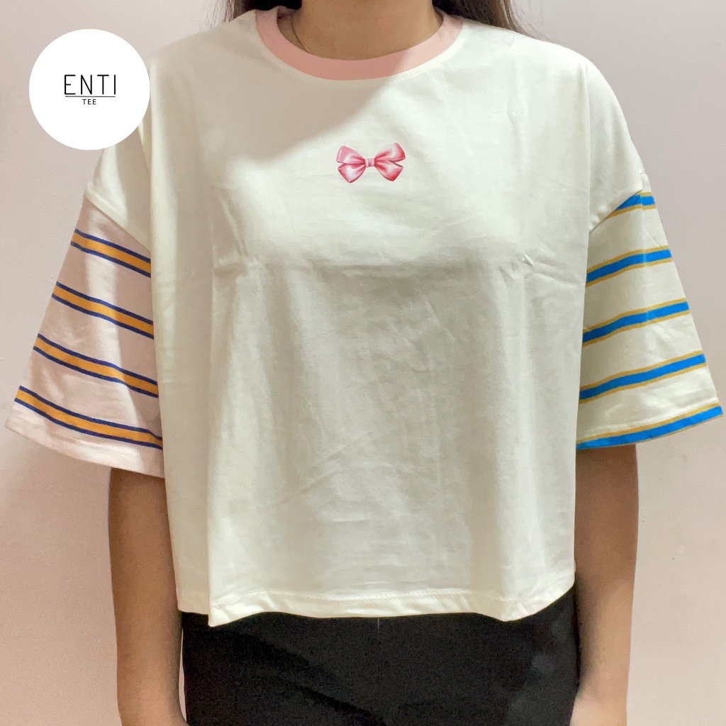 ENTITEE Crop Stripes Ribbon/Bow/Coquette | Kaos Garis-garis Wanita | Kaos Crop Stripes Wanita | Kaos
