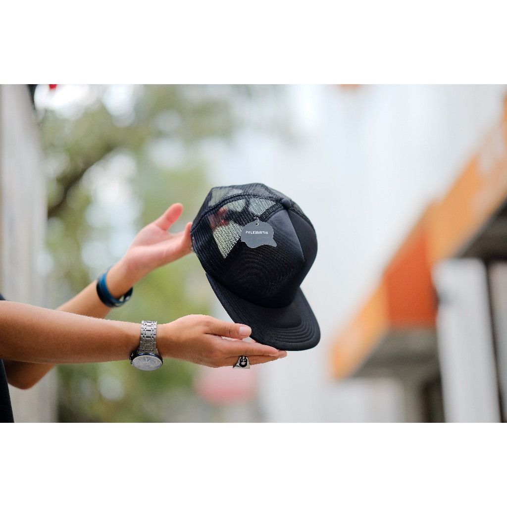 TOPI JARING POLOS DATAR PREMIUM HITAM FULL POLEMISTIS BAHAN TEBAL JAHITAN RAPIH