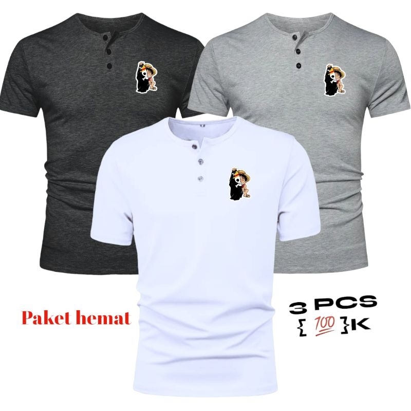 Paket hemat 3 pcs kaos pria lengan pendek / KAOS LOGO ONEPEACEE BENDERA / kaos kancing pria lengan p