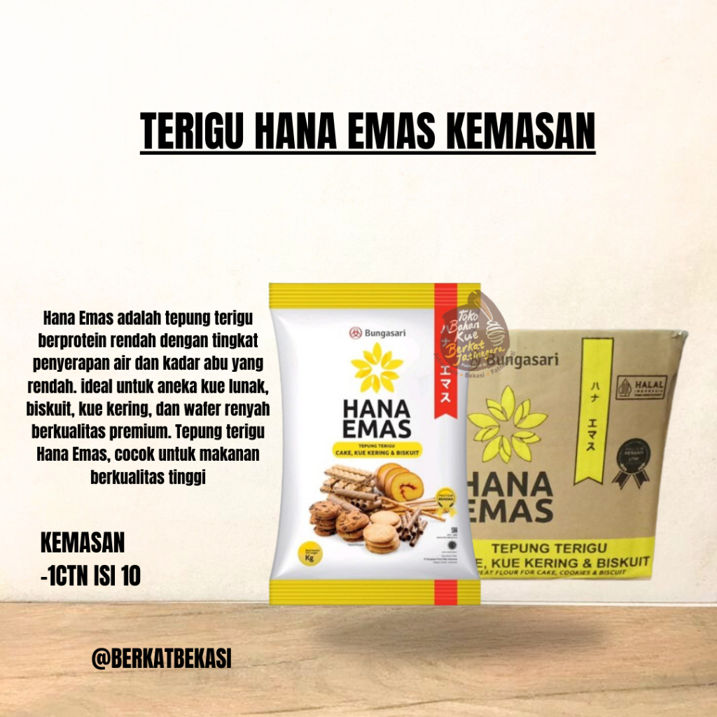 

BUNGASARI HANA EMAS TEPUNG TERIGU PREMIUM CAKE DAN COOKIES 1 KG / CTN