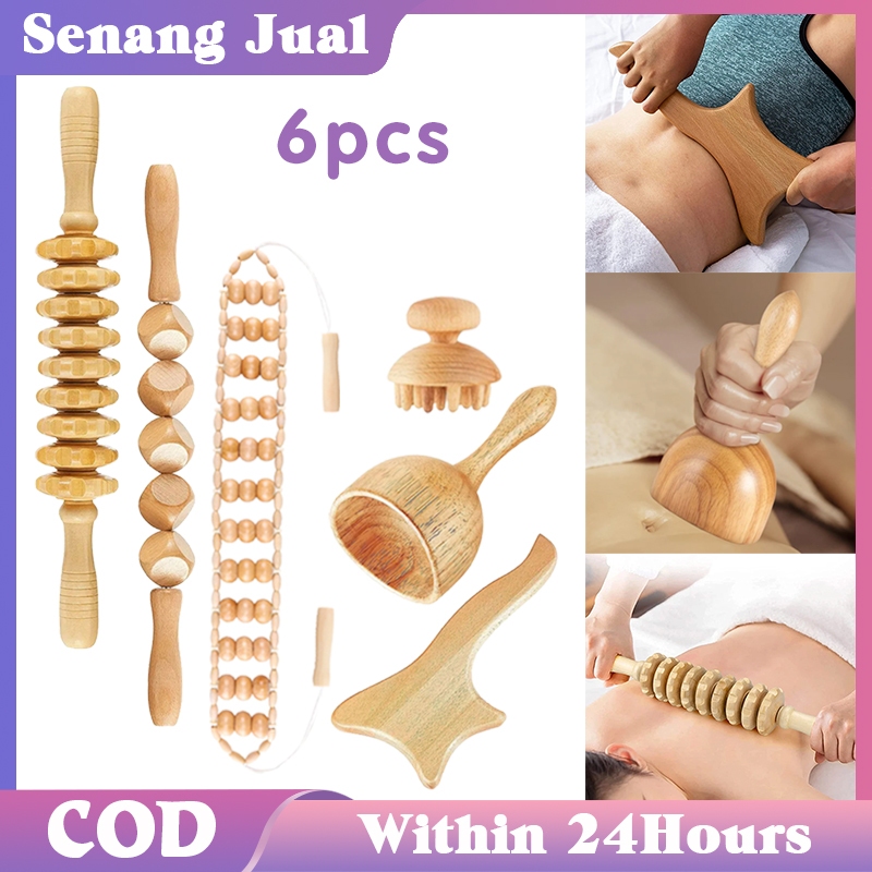 Isi 6pcs Wood Massager Alat Pijat Guasha Alat Pijat Punggung Manual Kayu Alat Terapi Kayu
