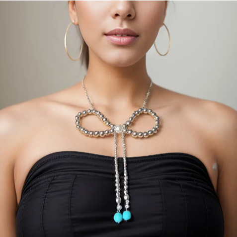 Chic Turquoise Beaded Bow Necklace