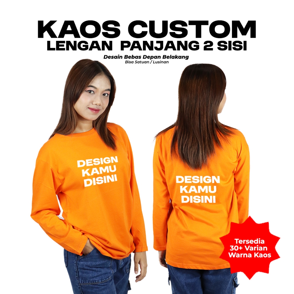 Kaos Sablon Custom DTF Lengan Panjang 2 Sisi Foto dan Gambar Satuan Pria Wanita