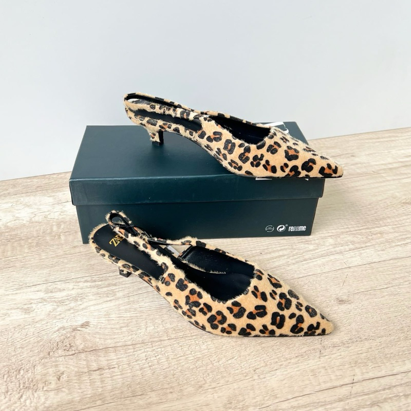 Short heels slingback leopard 4cm by Zara canvas motif import high quality fashion shoes sepatu wani