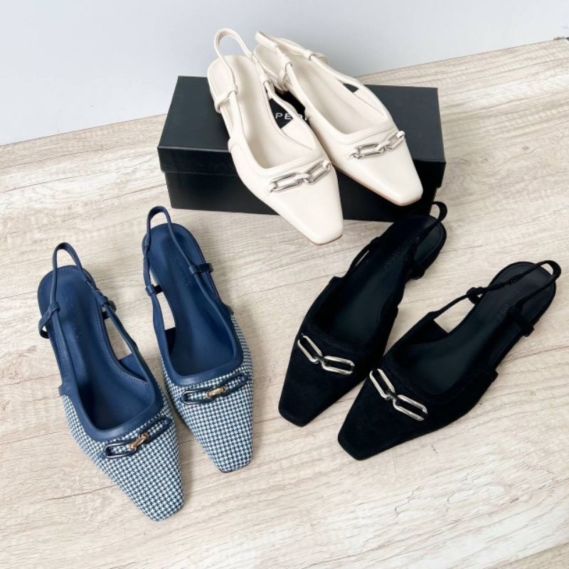 Sepatu sandal selop pedro hitam putih biru navy denim 2 cm