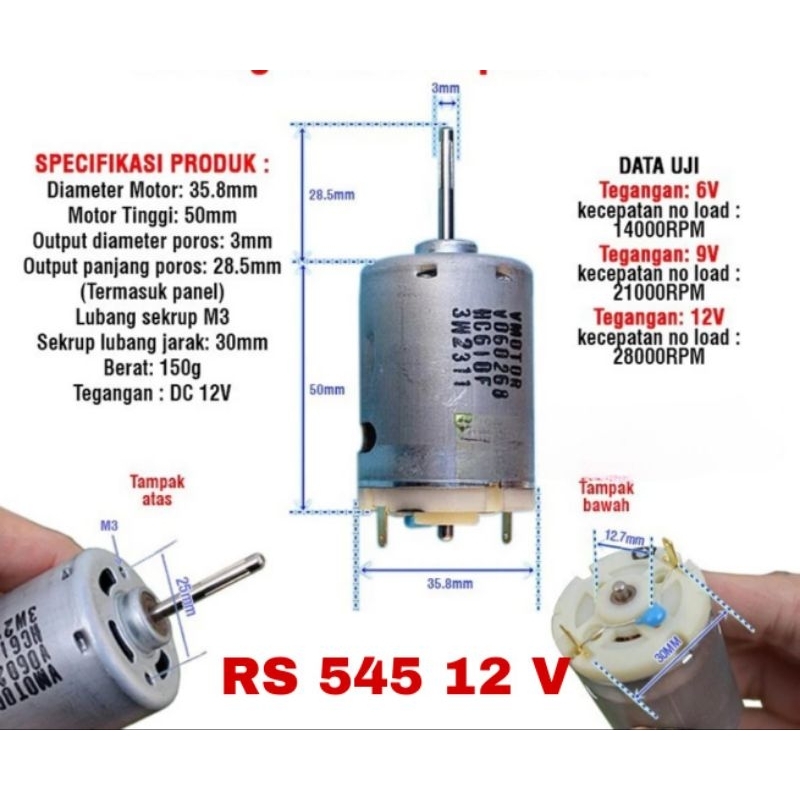 DC Motor Dinamo Fan 545 DC 12V Axis As 3mm As Panjang