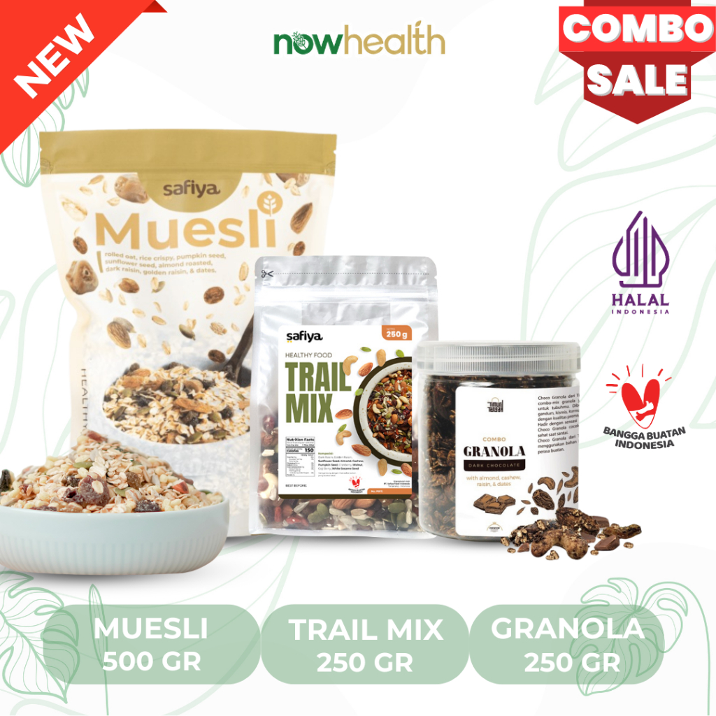 

[Paket Hemat Sehat] Muesli 500 kg Safiya + Granola Timur Tengah 250 gr + Trail Mix Safiya 250 gr Cemilan Diet Sereal Sarapan Oatmeal Healthy Food