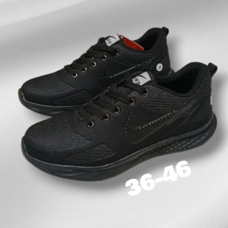 Sepatu Sneakers Olahraga Pria Wanita Sepatu Sekolah Hitam Polos