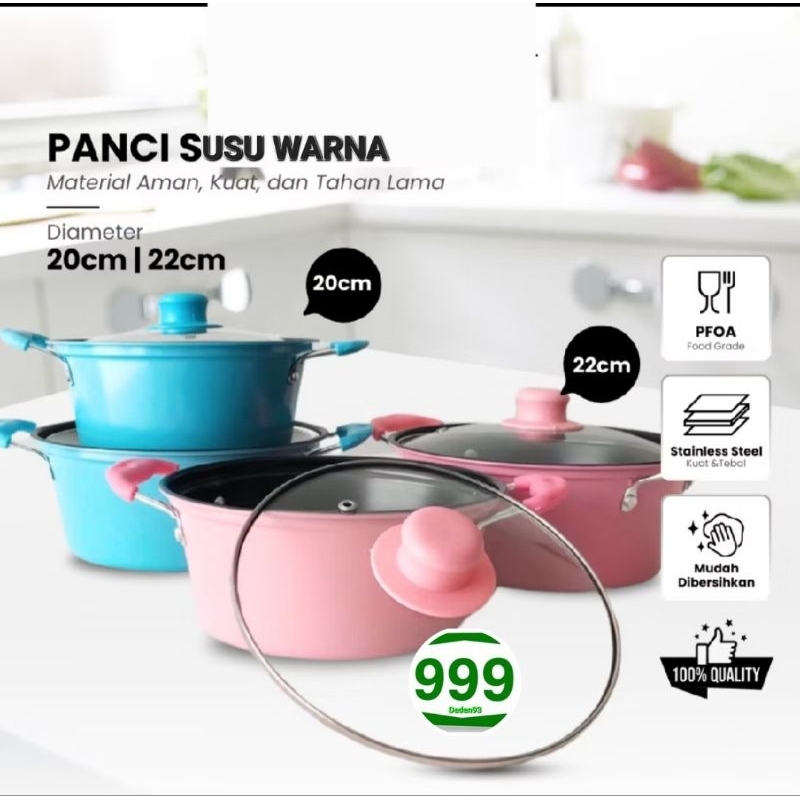 Panci Enamel Warna Anti Lengket Tutup Kaca / Panci Kuah Sup 22cm - 20cm