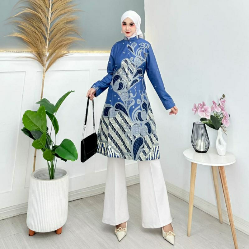 Hot Sale Tunik Batik Wanita Modern Atasan Lengan Panjang Seragam Kantor Guru Perempuan Kerja