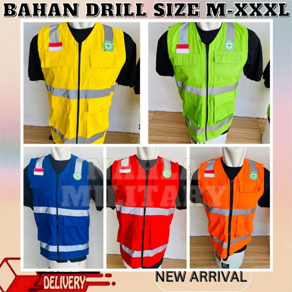ROMPI SAFETY VEST/ROMPI SAFETY/ROMPI SAFETY FIRST/BAHAN DRILL/TEBAL/WARNA KUNING-BIRU-MERAH-ORANGE-H